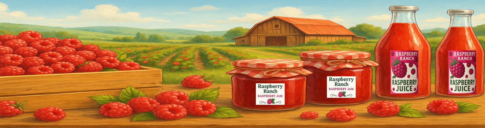 Raspberry-ranch Raspberry ranch with the bottles and Jars